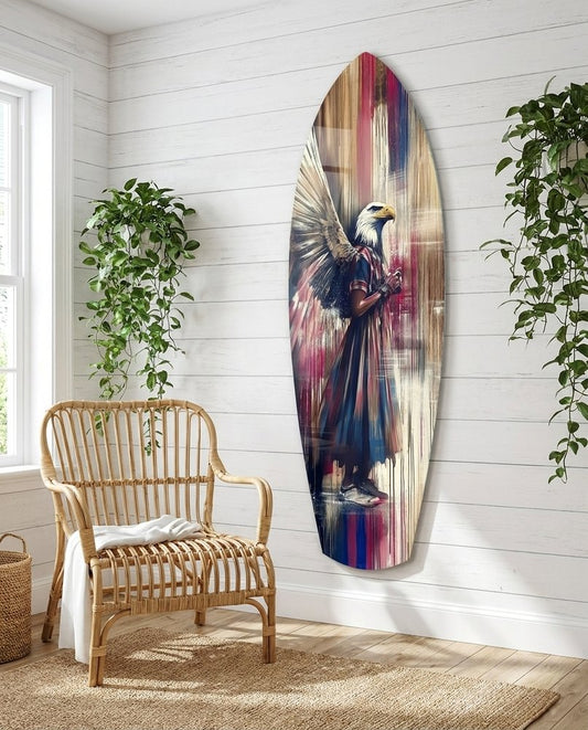 Surfboard Magenta Drip Paint American Eagle Glass Wall Art