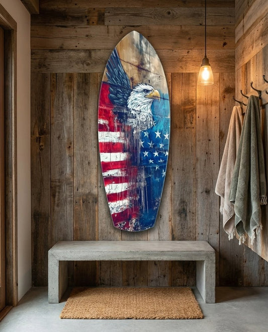 Surfboard Stars And Stripes American Eagle Glass Wall Art