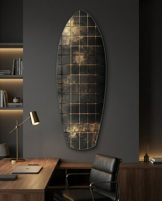 Gold Grid Tiles Black Surfboard Glass Wall Art