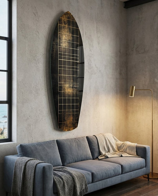 Yellow Line Grid Weathered Surfboard Glass Wall Art