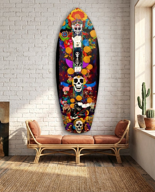 Floral Skull Totem With Guitar Glass Wall Art