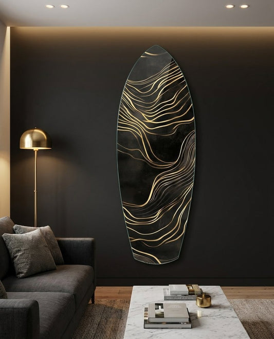 Surfboard Shaped Flowing Line Golden Waves Glass Wall Art