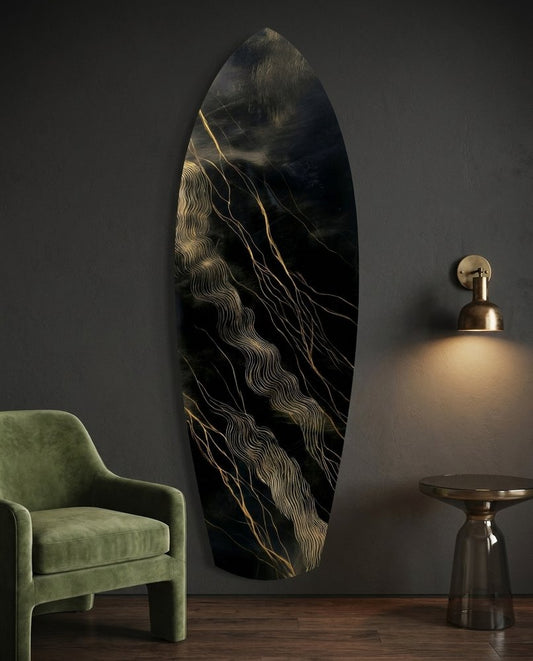 Surfboard Shaped Diagonal Streak Golden Waves Glass Wall Art