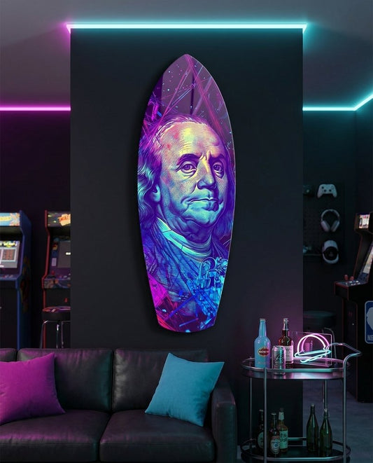 Neon Halftone Banknote Portrait Glass Wall Art