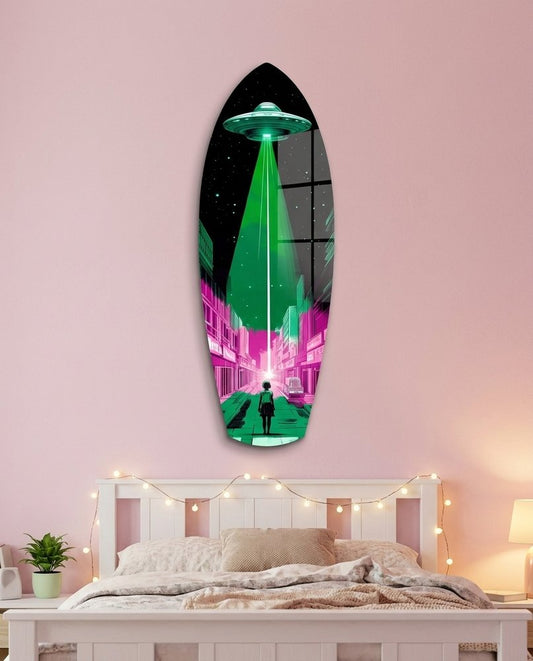 Pink and Green UFO Street Beam Glass Wall Art