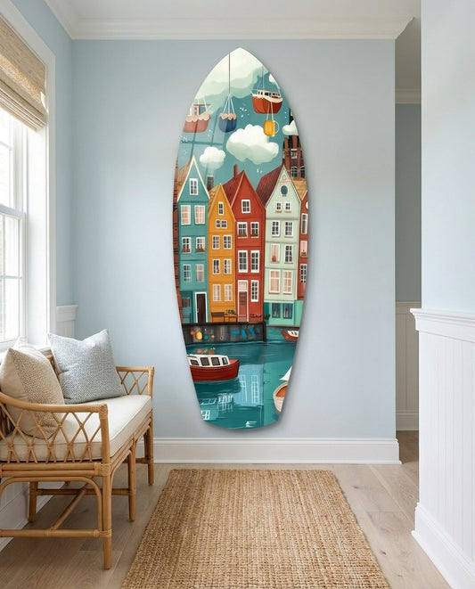 Cute Coastal Village Glass Wall Art