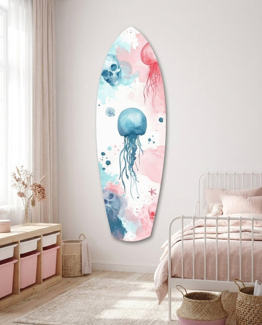 Pastel Jellyfish Skulls Surfboard Glass Wall Art
