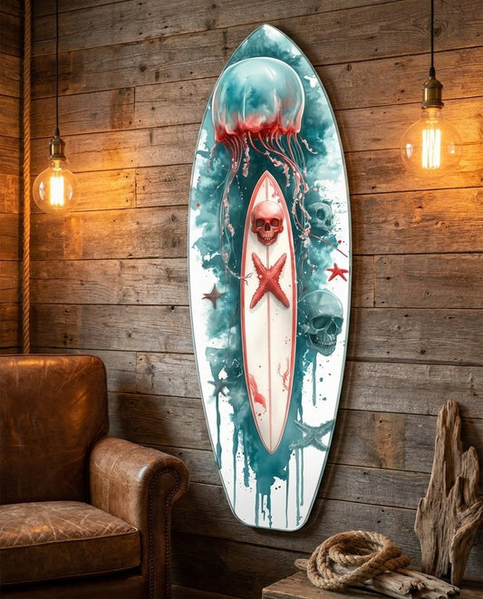 Teal Jellyfish Skull Surfboard Glass Wall Art