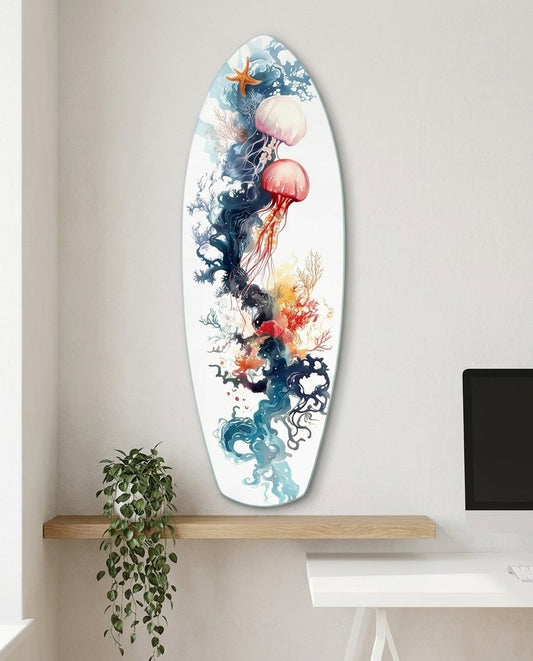 Jellyfish Coral Reef Surfboard Glass Wall Art