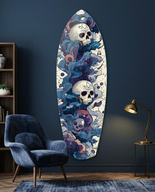 Blue Wave Swirl Skulls Surfboard Glass Wall Art
