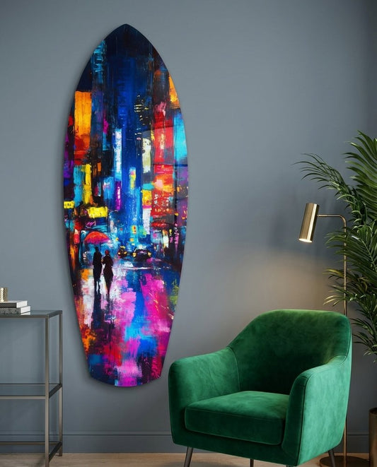 Under the City Glow A Love in the Rain Glass Wall Art
