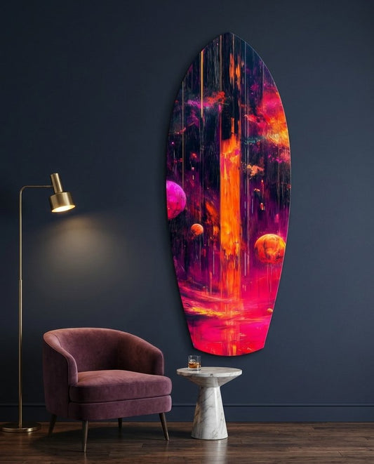 Neon Lava Falls And Planets Surfboard Glass Wall Art