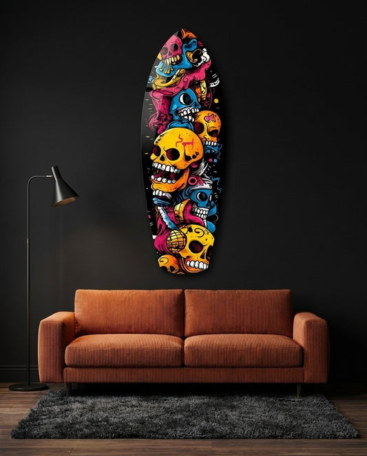 Stacked Yellow Cartoon Skulls Surfboard Glass Wall Art