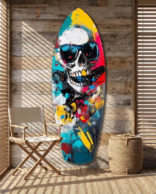 Sunglasses Skull Splatter Surfboard Glass Wall Art