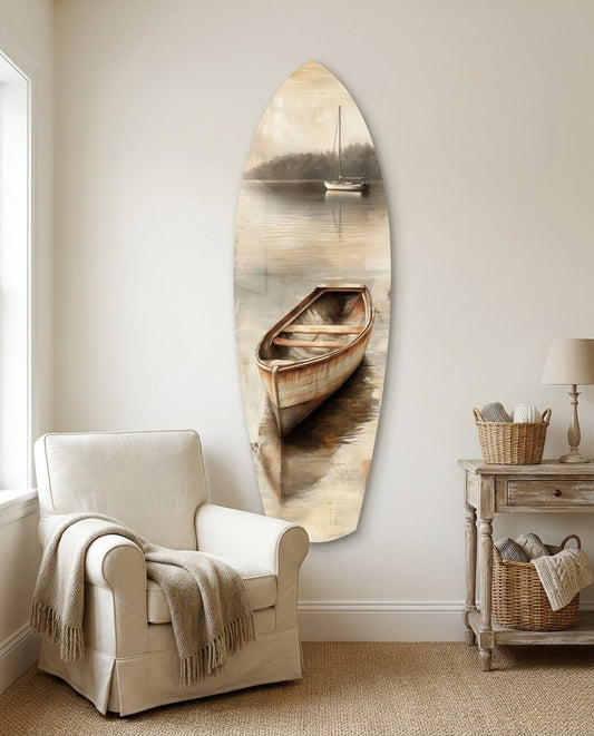 Beige Canoe and Distant Sailboat Glass Wall Art