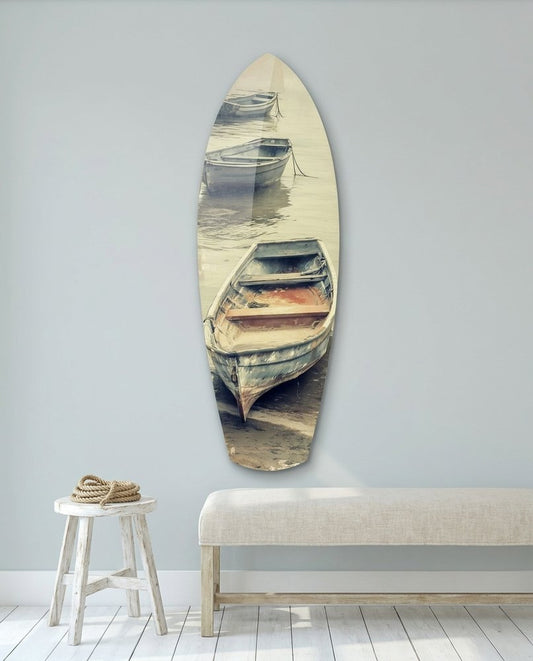 Moored Rowboats on Misty Shore Glass Wall Art