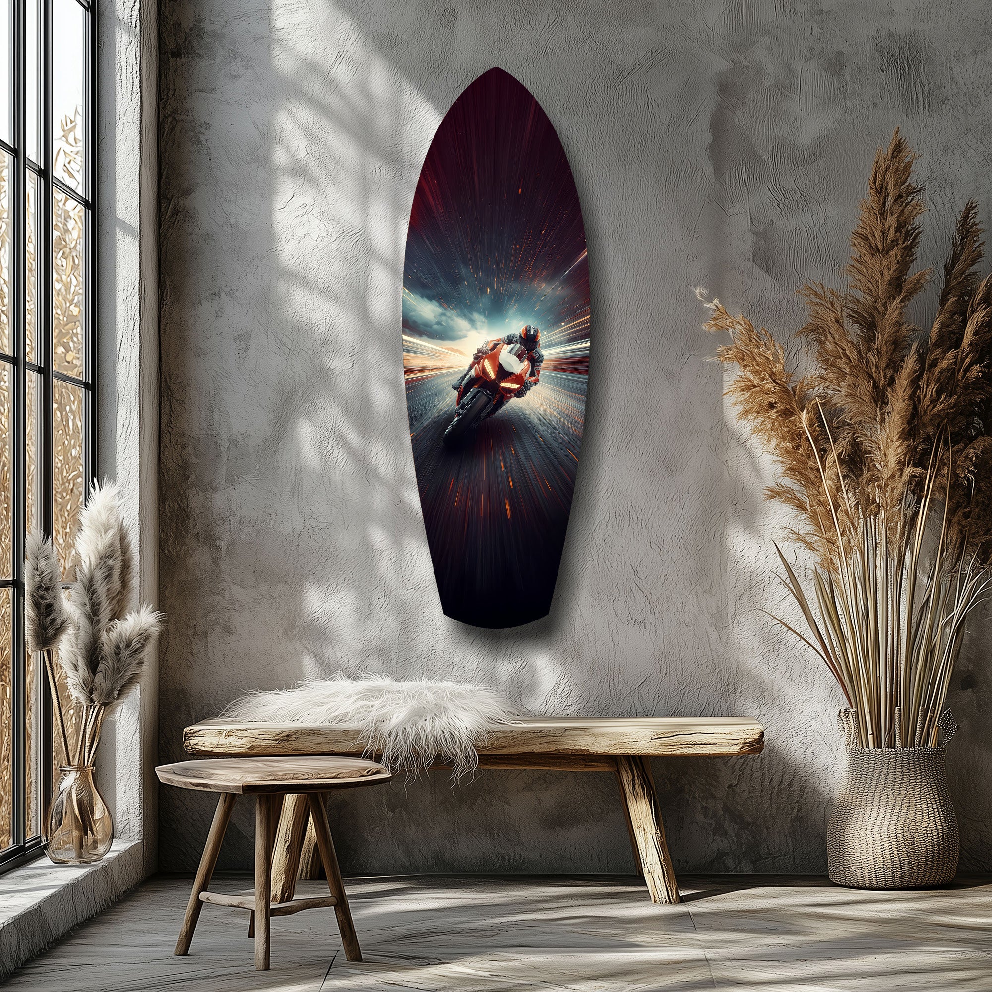 Motorcycle Racer Speed Lines Tempered Glass Wall Art.