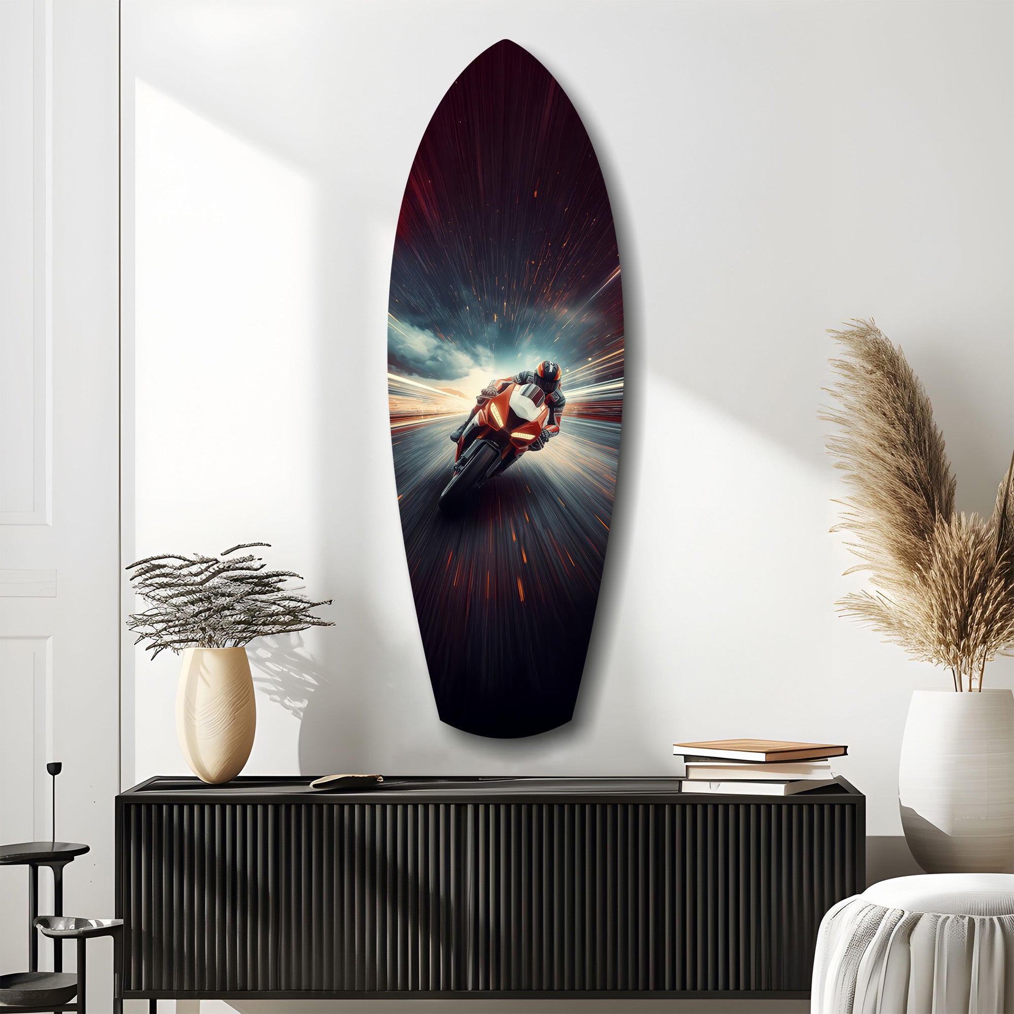 Motorcycle Racer Speed Lines Tempered Glass Wall Art.