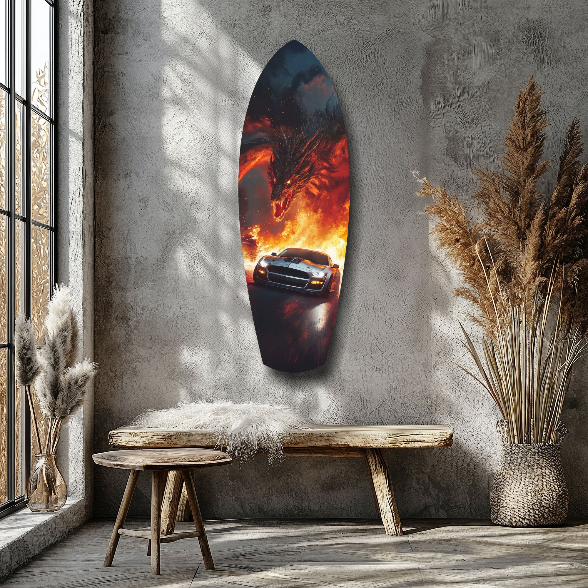 Dragon Sports Car Fire Tempered Glass Wall Art.