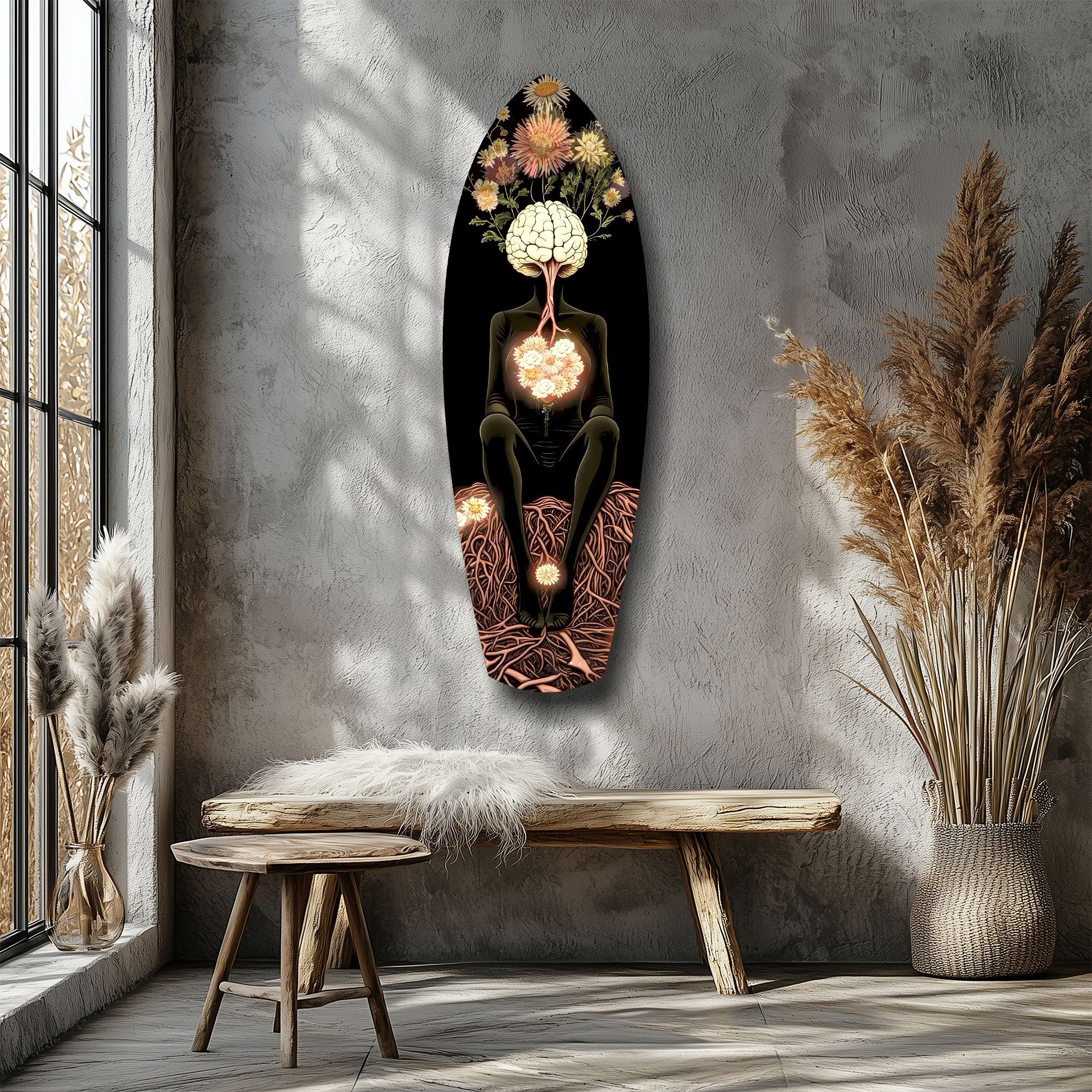 Brain Flowers Roots Surreal Glass Wall Art.