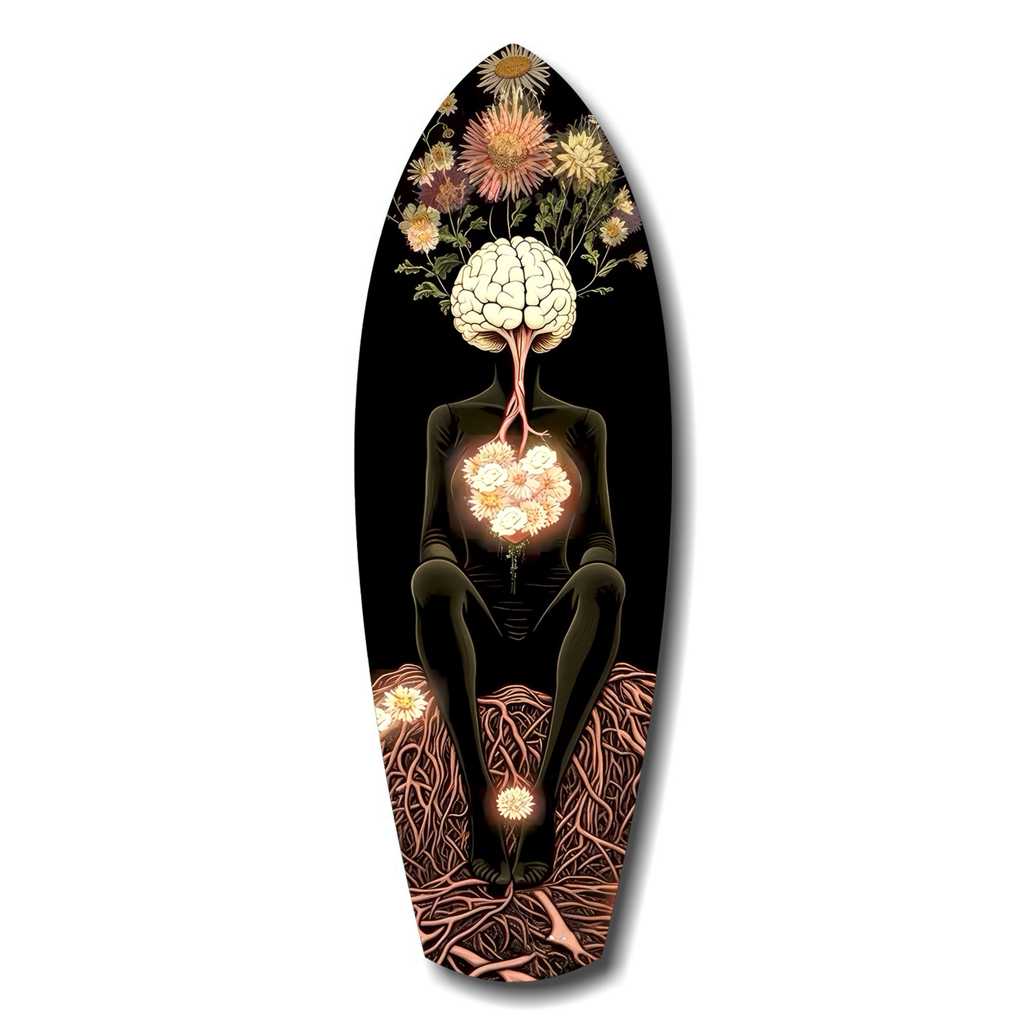 Brain Flowers Roots Surreal Glass Wall Art.
