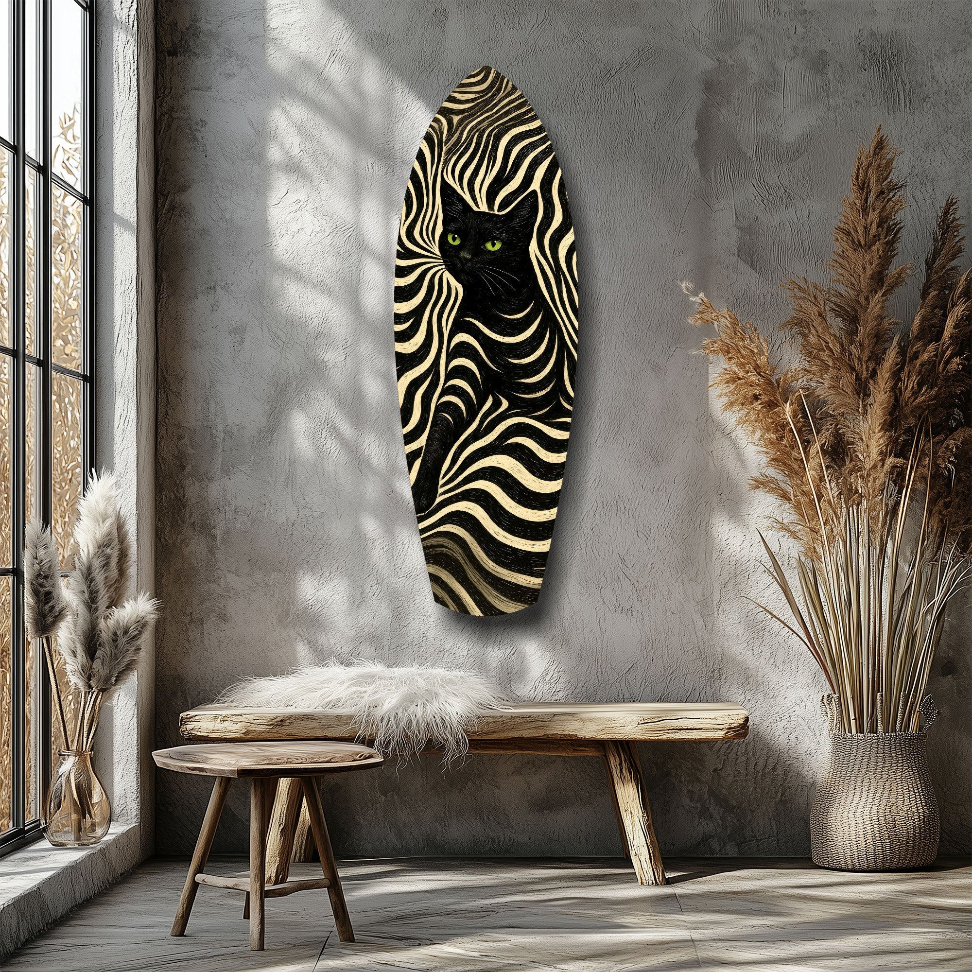 Black Cat Wavy Optical Pattern Glass Wall Art.
