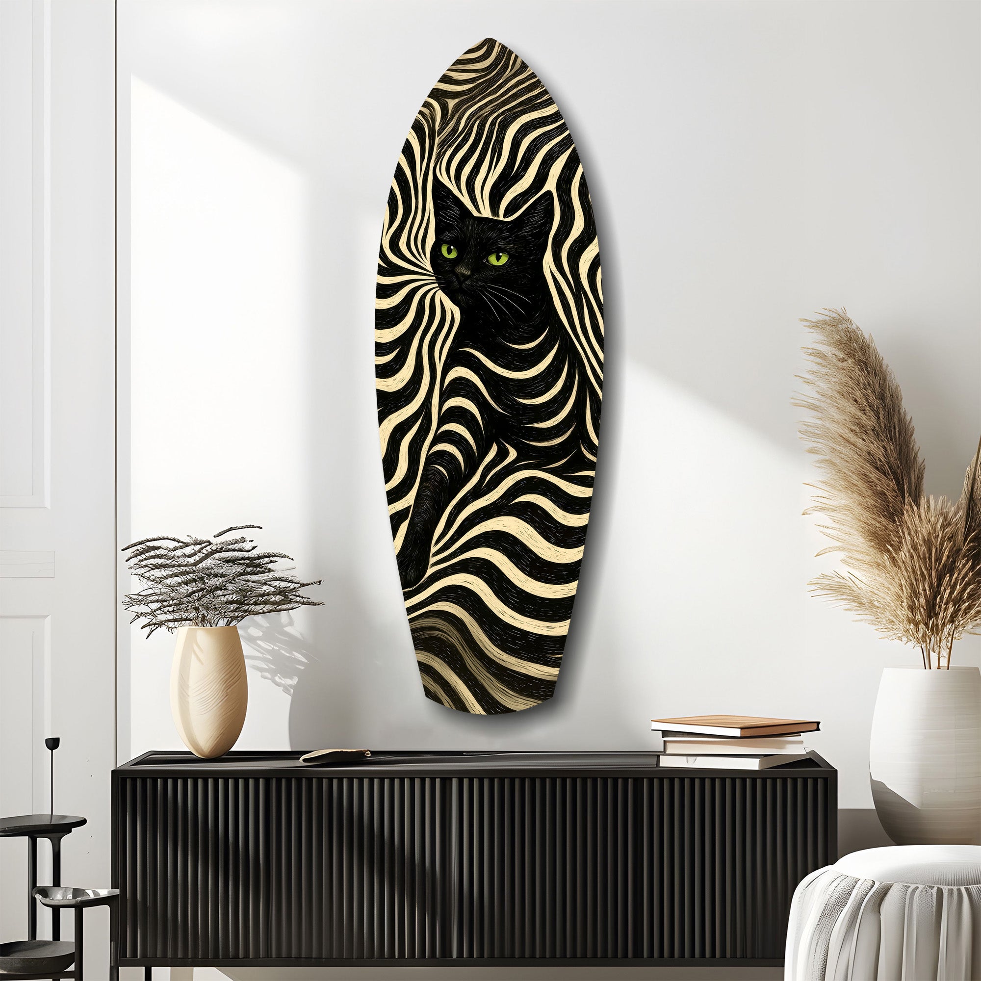 Black Cat Wavy Optical Pattern Glass Wall Art.