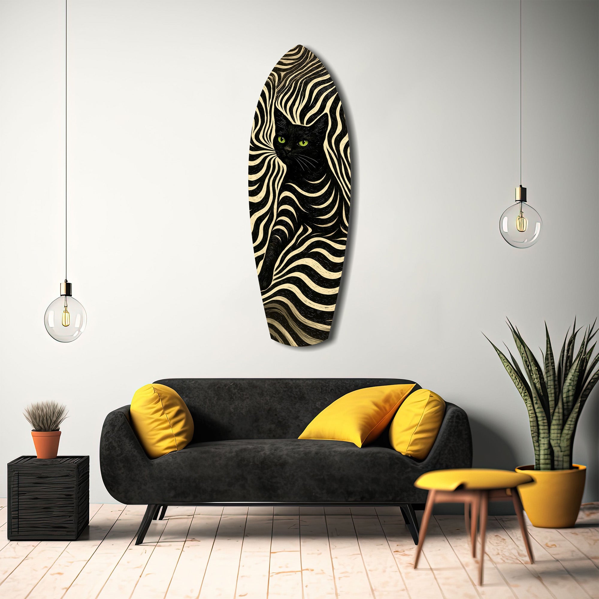 Black Cat Wavy Optical Pattern Glass Wall Art.