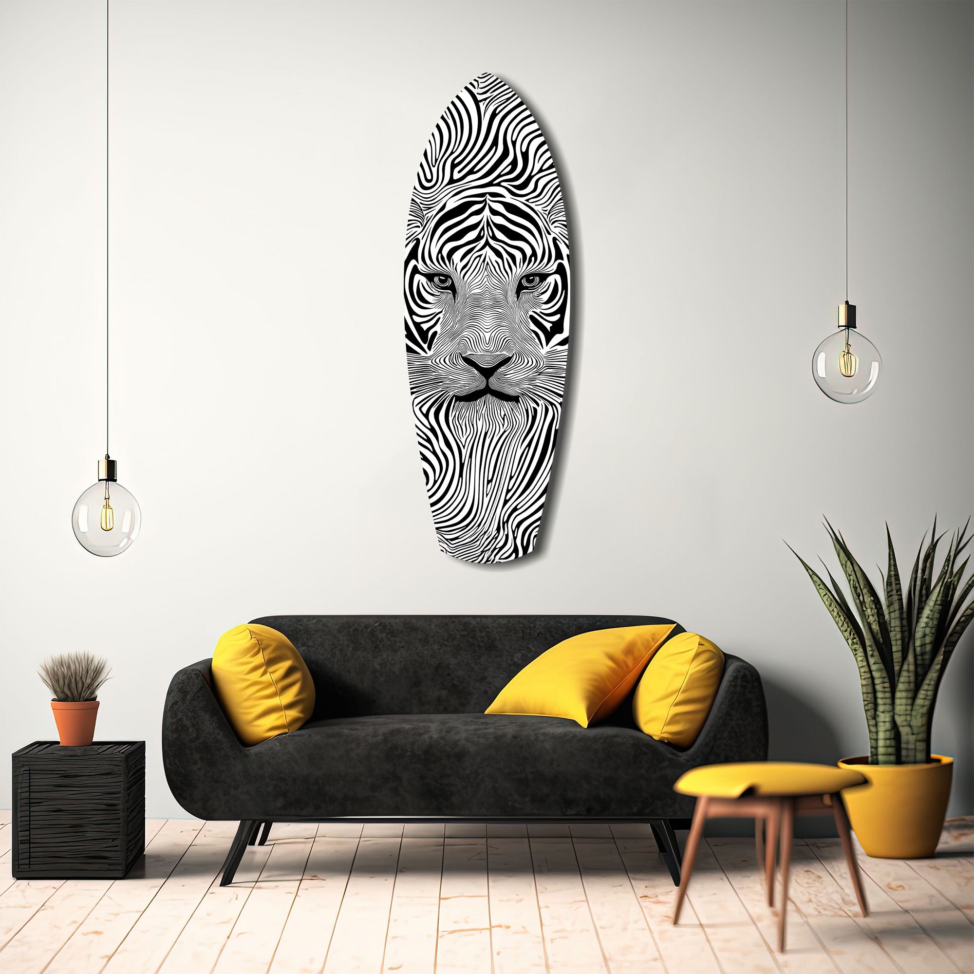 Optical Lion Black White Lines Glass Wall Art.