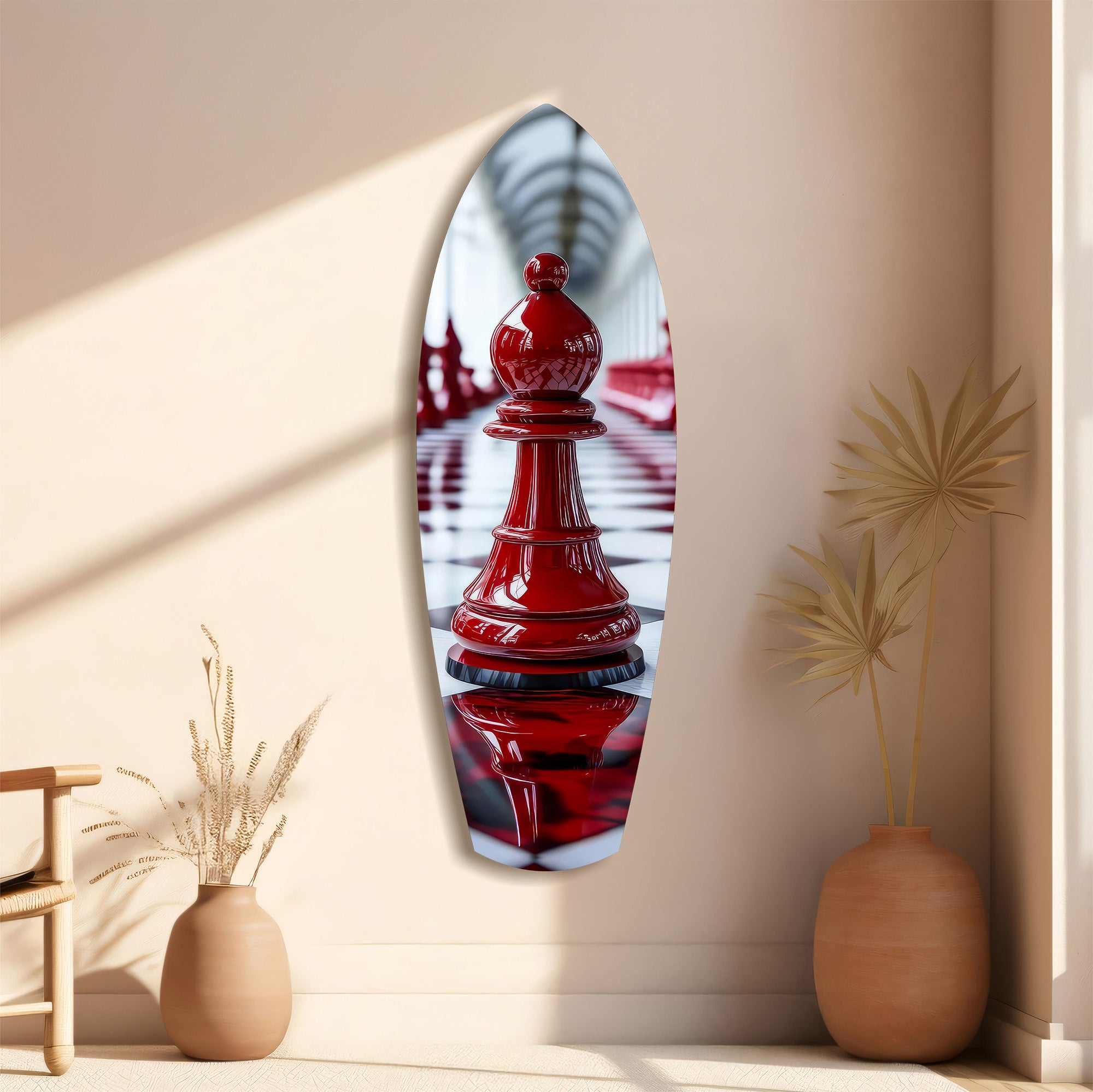 Red Bishop Chess Piece Strategy Glass Wall Art.