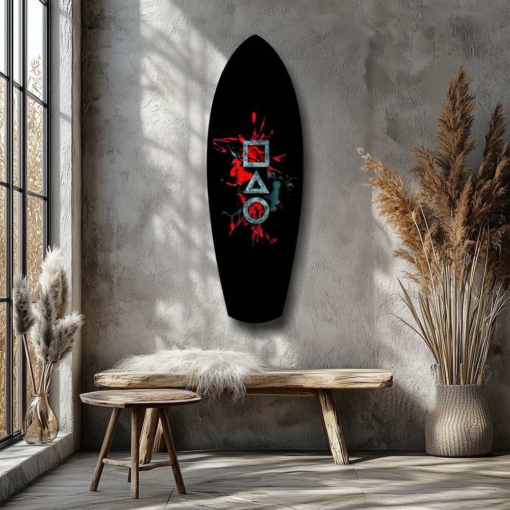 Geometric Symbols Red Splatter Gamer Glass Wall Art.