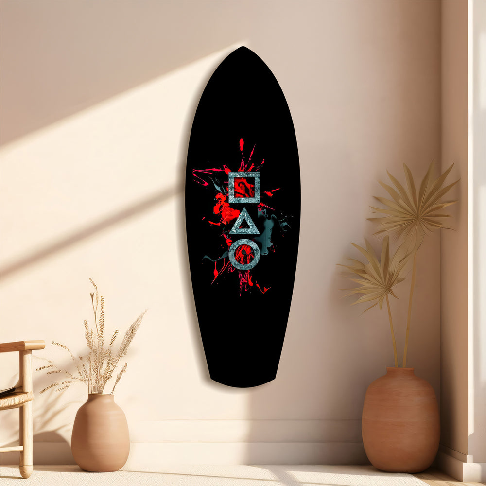 Geometric Symbols Red Splatter Gamer Glass Wall Art.