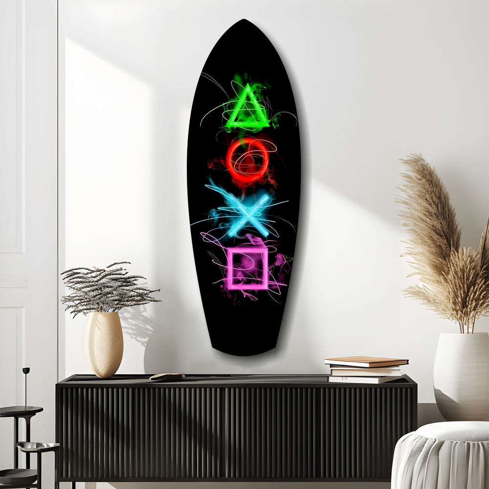 Neon Geometric Icons Gamer Glow Glass Wall Art.