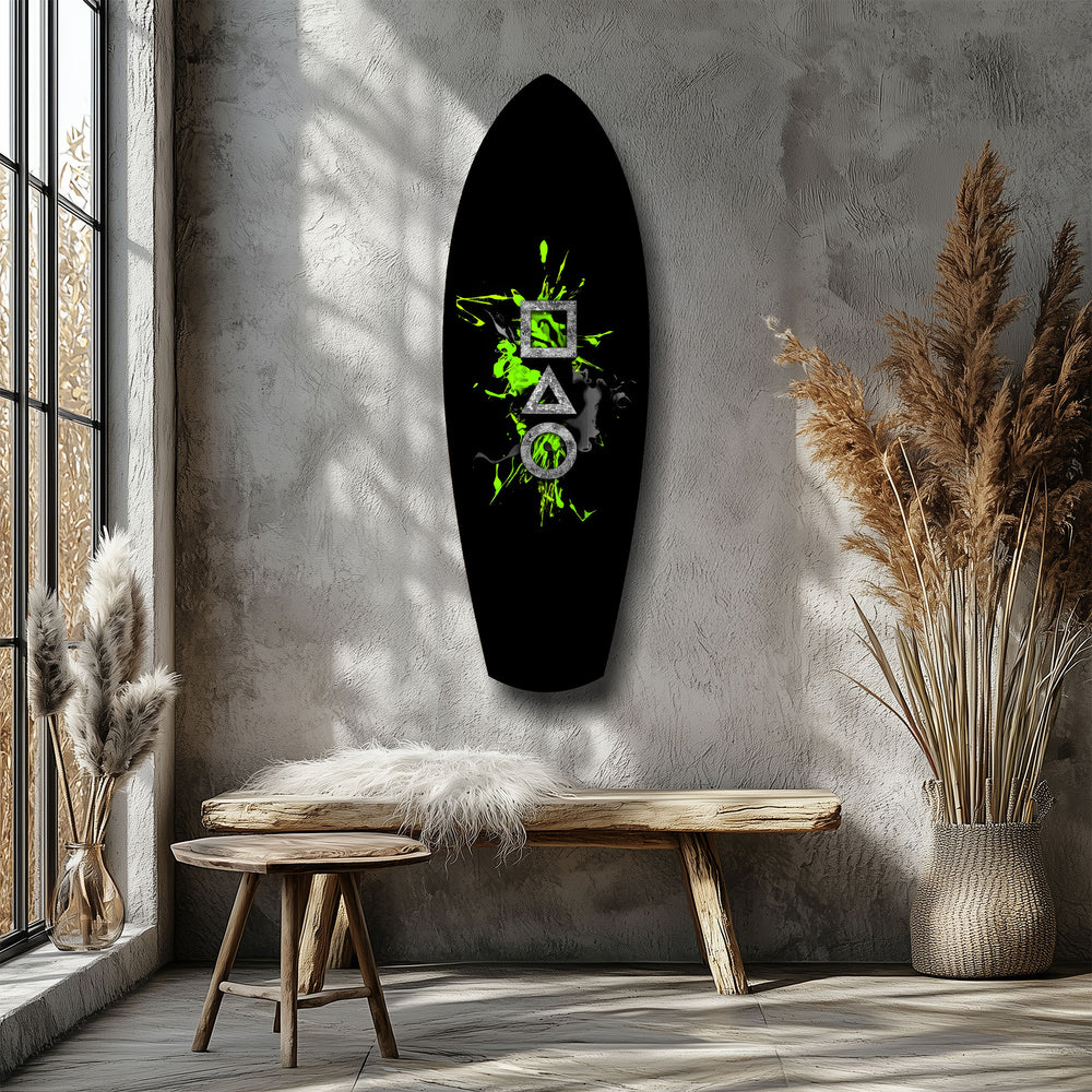 Geometric Symbols Green Splatter Gamer Glass Wall Art.