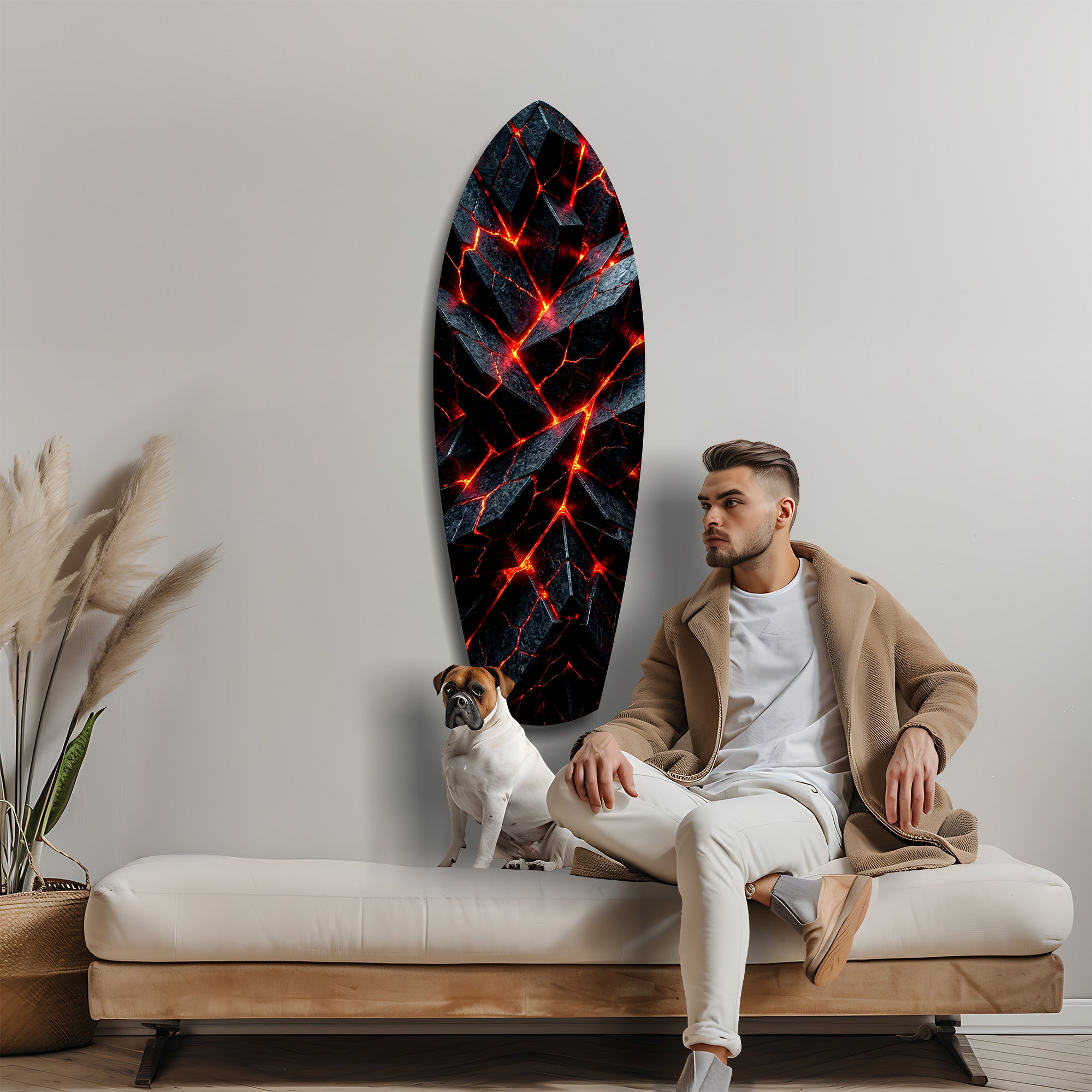 Shattered Volcanic Stone Lava Glow Glass Wall Art.