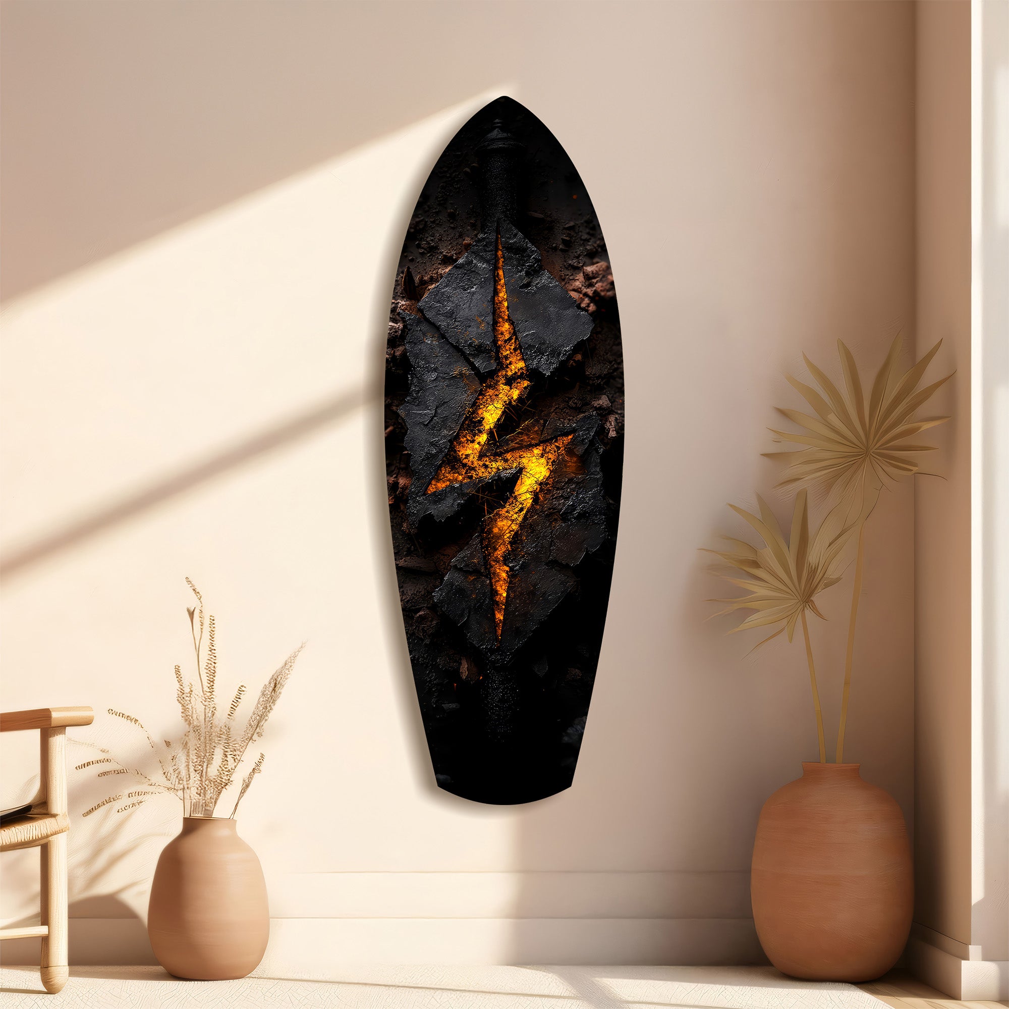 Lightning Bolt Burning Stone Glow Glass Wall Art.