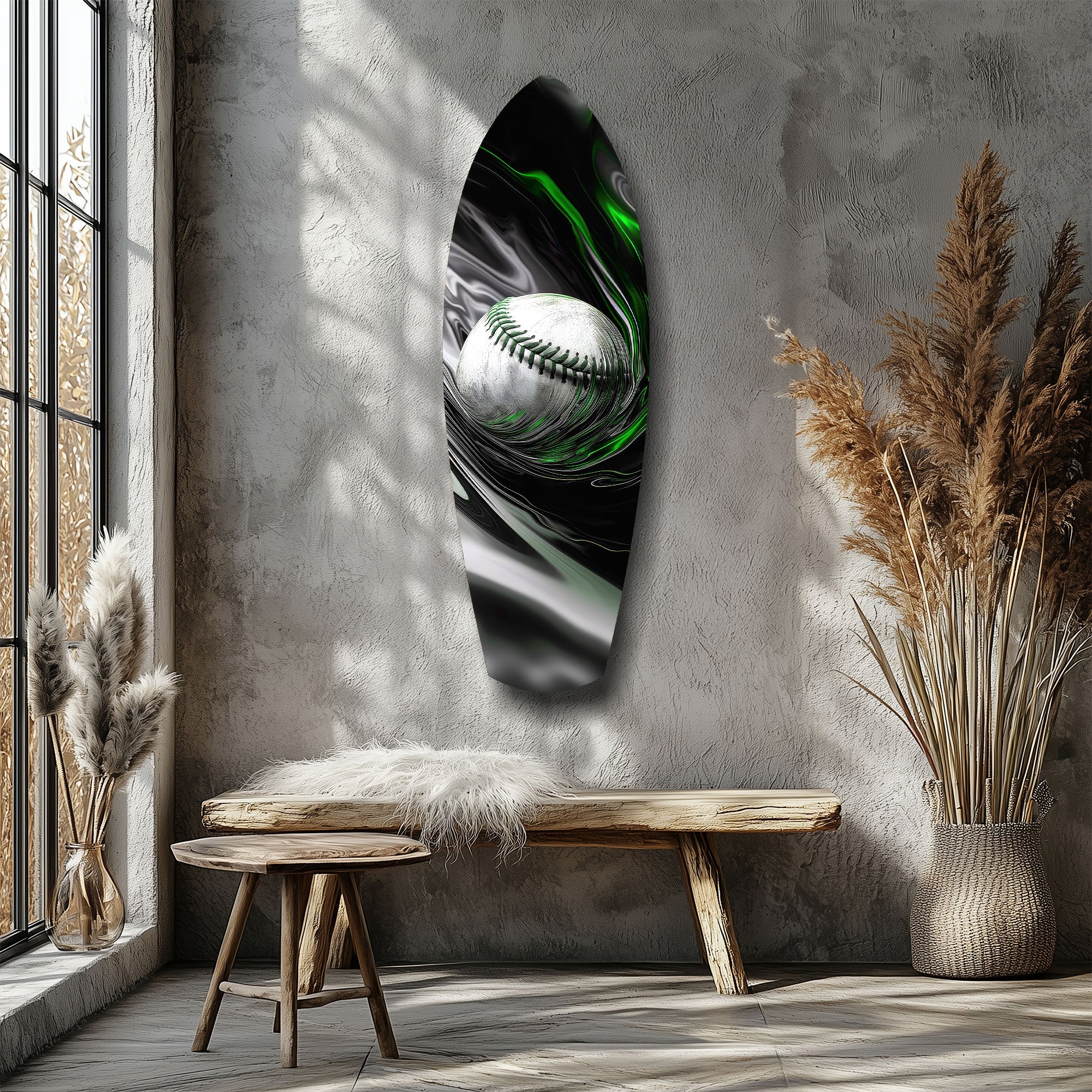 Baseball Liquid Swirl Black Green Glass Wall Art.