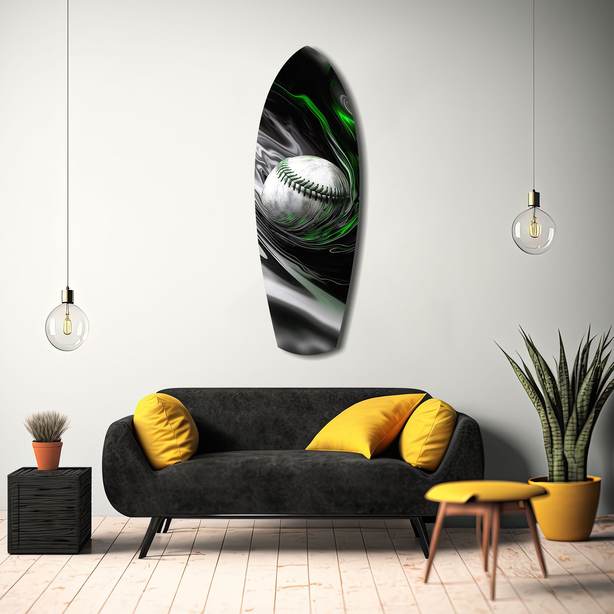 Baseball Liquid Swirl Black Green Glass Wall Art.