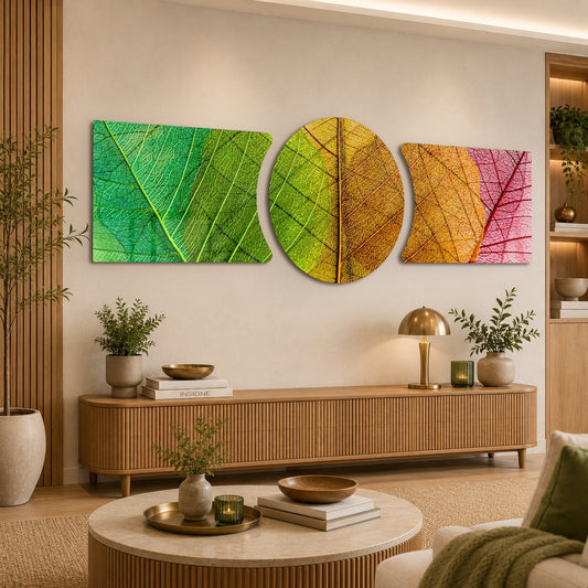 Green Gold Red Leaf Vein Macro 3 Piece Glass Wall Art