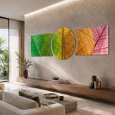 Macro close-up of leaf veins moving through a color gradient from green to gold to red across three glass panels. 3 piece glass wall art set B