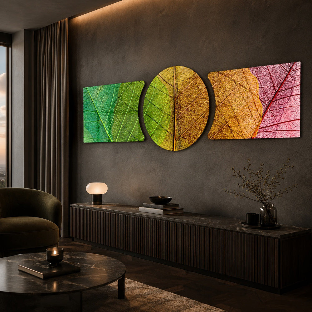Macro close-up of leaf veins moving through a color gradient from green to gold to red across three glass panels. 3 piece glass wall art set C