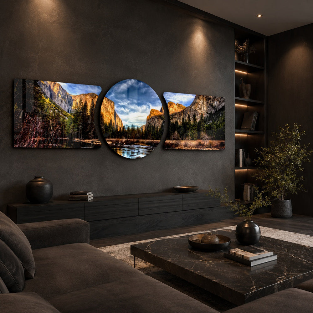 Golden Cliffs Mountain Valley 3 Piece Glass Wall Art