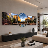 A panoramic mountain valley with golden-lit granite cliffs, a winding river, and a dense pine forest under a dramatic blue sky. 3 piece glass wall art set C