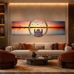 A wooden pier reaching into a calm lake at sunset with a flock of birds taking flight across a fiery orange sky. 3 piece glass wall art set C