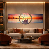A wooden pier reaching into a calm lake at sunset with a flock of birds taking flight across a fiery orange sky. 3 piece glass wall art set C