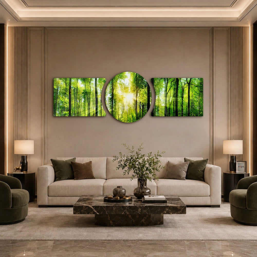 Sunlit Green Forest Canopy 3 Piece Glass Wall Art