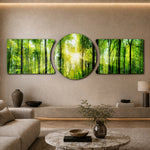 Sunbeams streaming through a fresh green forest canopy of tall slender trees. 3 piece glass wall art set D