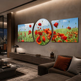 Red Poppy Field Blue Sky 3 Piece Glass Wall Art