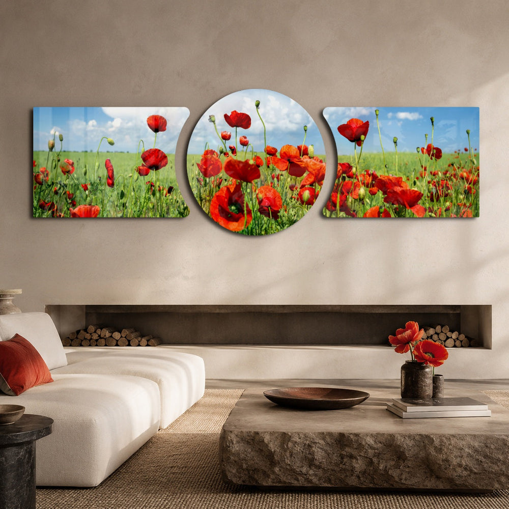A field of bright red poppies in bloom under a blue sky scattered with soft clouds. 3 piece glass wall art set B