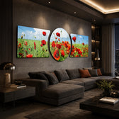A field of bright red poppies in bloom under a blue sky scattered with soft clouds. 3 piece glass wall art set C
